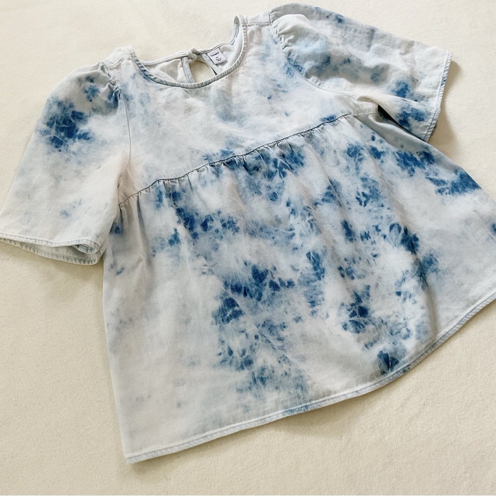 Old Navy Tie-Dye Chambray Swing Blouse Oversized Short Sleeve Blue White XS